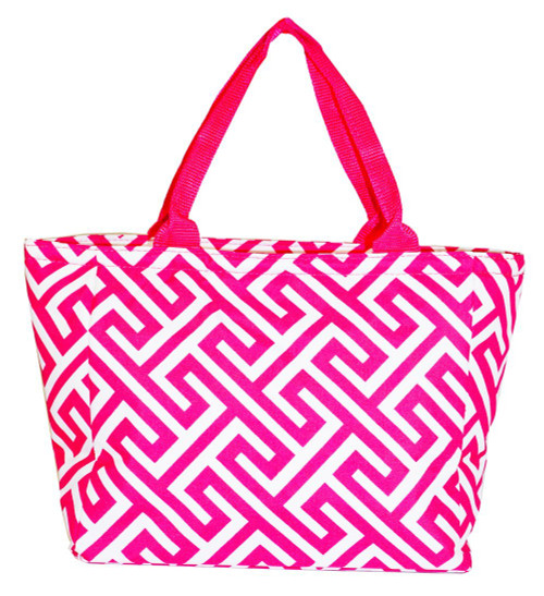 Pink Greek Key Insulated Lunch Tote Bag