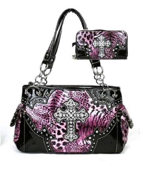 Western Cross Leopard Handbag Rhinestone Pocket Purse With Matching Wallet (Purple)