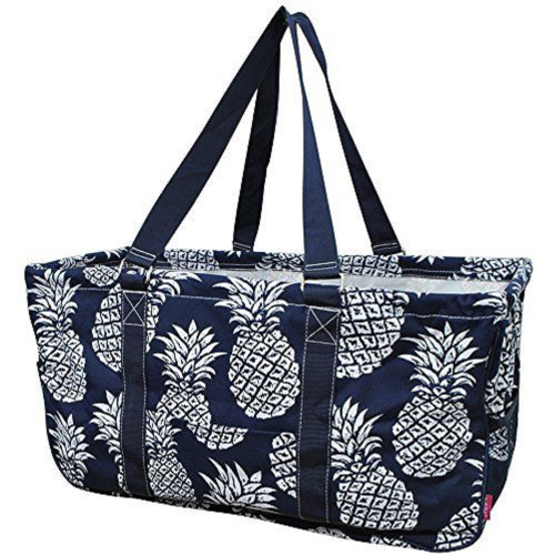 Southern Pineapple Print Large Canvas Utility Tote Bag-Navy