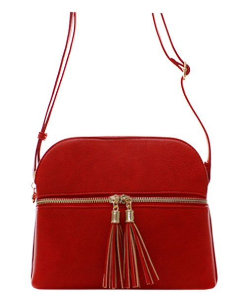 Red Double Zip Tassel Accent Medium Crossbody Bag 