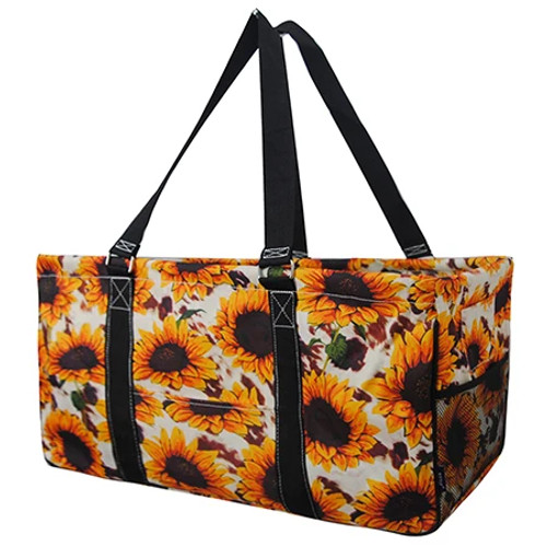 Sunflower Cow Print Large Canvas Utility Tote Bag-Black