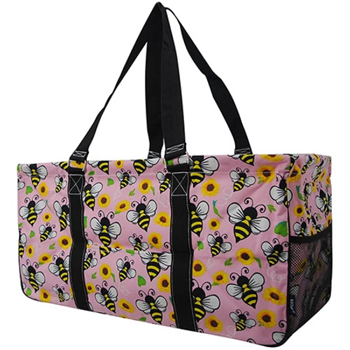 Bee Happy Print Large Canvas Utility Tote Bag-Black