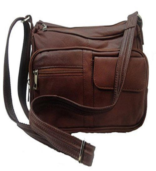 Concealed Carry Leather Gun Purse w/ Organizer & Shoulder Strap (Brown)