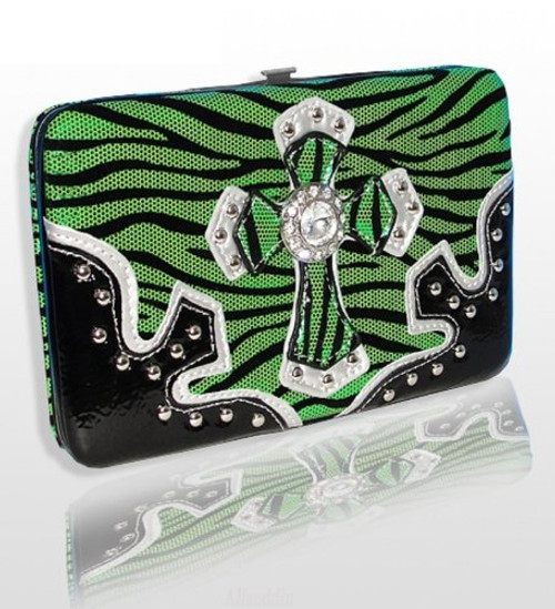 Lime Green Zebra Western Style Cross Wallet with Rhinestones