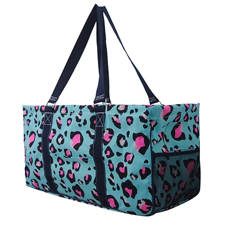 Neon Cheetah Print Large Canvas Utility Tote Bag-Blue