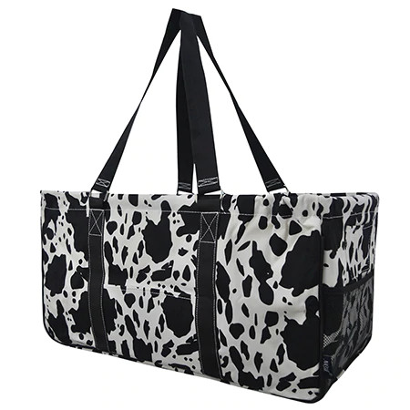 Black Cow Print Large Canvas Utility Tote Bag-Black