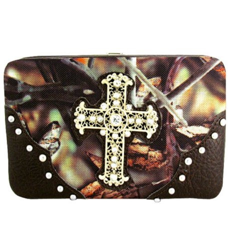 Brown Camouflage Fashion Cross Wallet With Rhinestones and Stud