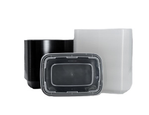 32oz Black Plastic Containers w/Lids - One Compartment (150/case)
