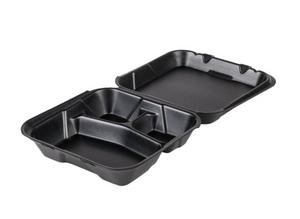 9x9 Black Foam Hinged-Lid Container, Vented - Three Compartment (200/cs)
