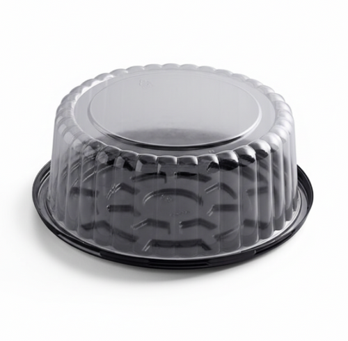 8" Black Round Plastic Cake Container Base with Clear Dome Lid, 2-3 Layers (50/Case)