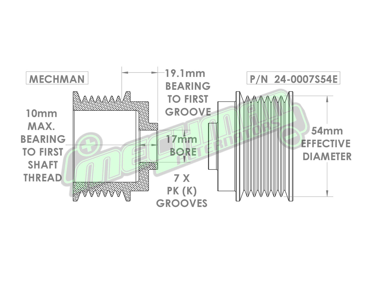 54mm 7 rib pulley, extended shoulder, hard anodized alum - Mechman