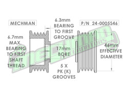 46mm 5 rib serpentine pulley - hard anodized aluminum 24-0005S46 Mechman