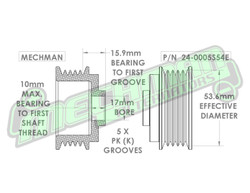 54mm 5 rib pulley, extended shoulder, hard anodized alum 24-0005S54E Mechman