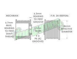 46mm 9 rib serpentine pulley - hard anodized aluminum 24-0009S46 Mechman