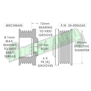 Ford/Vette 6 rib pulley, chrome plated aluminum 24-0006S60C Mechman