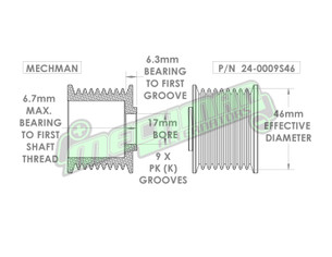 46mm 9 rib serpentine pulley - hard anodized aluminum 24-0009S46 Mechman