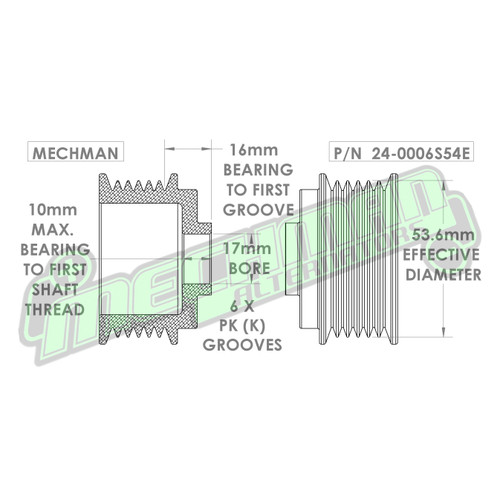 54mm 6 rib pulley, extended shoulder, hard anodized alum