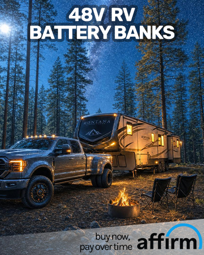 Truck and RV boondocking off-grid, powered by a 48-volt alternator