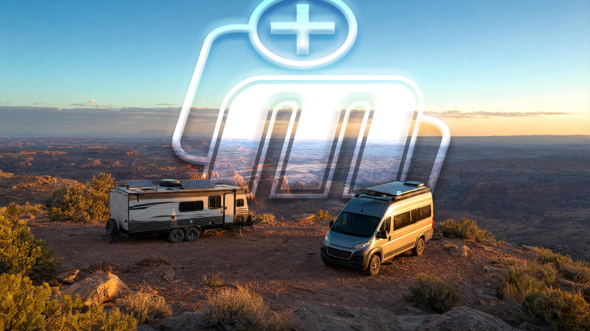 Camper van and trailer dry camping on a remote mesa overlook with rooftop solar during an extended off-grid boondocking stay