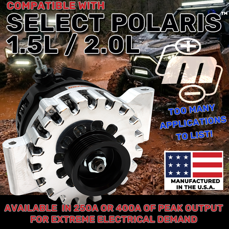 Mechman 250A and 400A billet alternators for select Polaris 1.5L and 2.0L engines