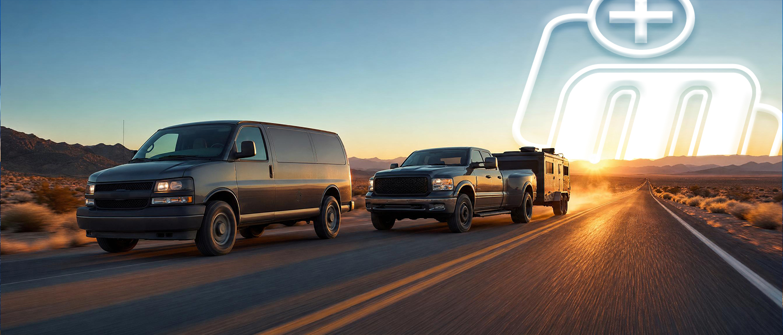 American truck and van driving an open highway at sunset, charging a lithium battery bank while driving