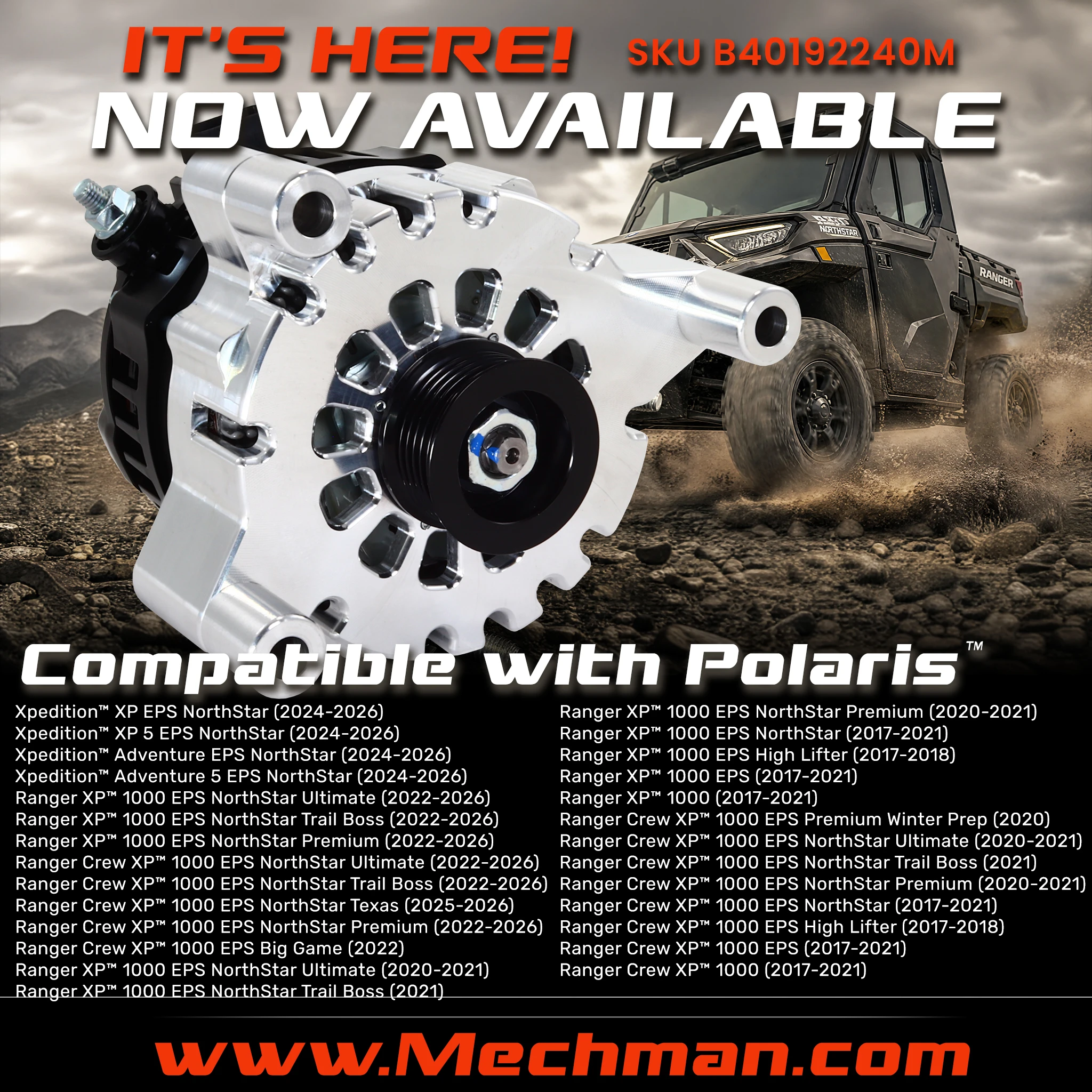 Mechman 240-amp billet alternator upgrade for 2017–2026 Polaris NorthStar
