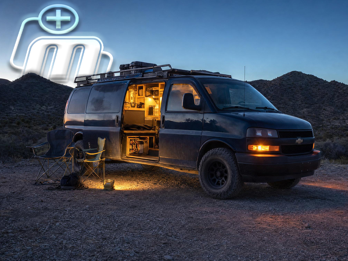Mechman®-powered vehicle charging batteries at an off-grid campsite