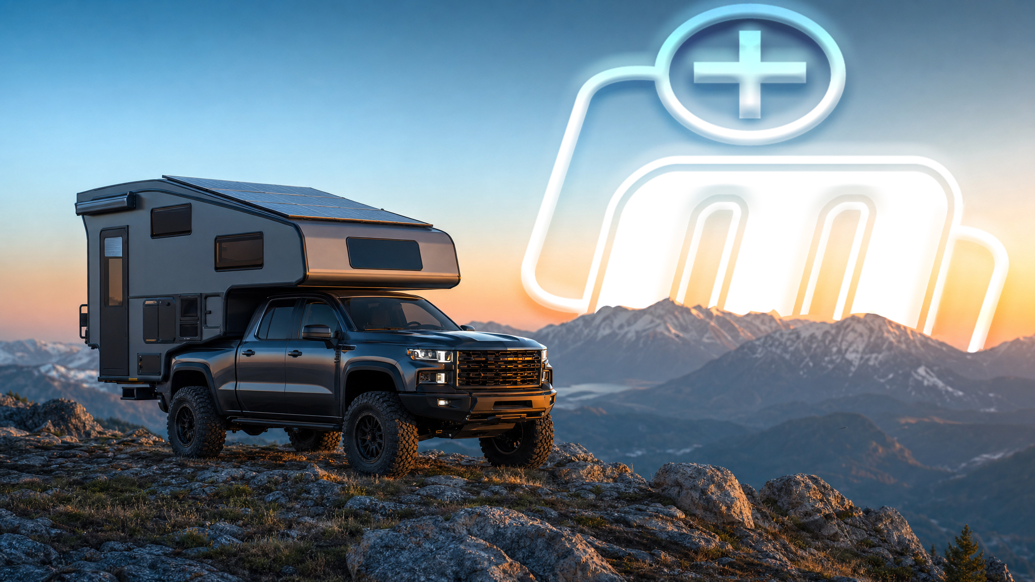 Modern American adventure rig with a truck camper and rooftop solar at a mountain overlook, representing a next-generation 48-volt RV power system