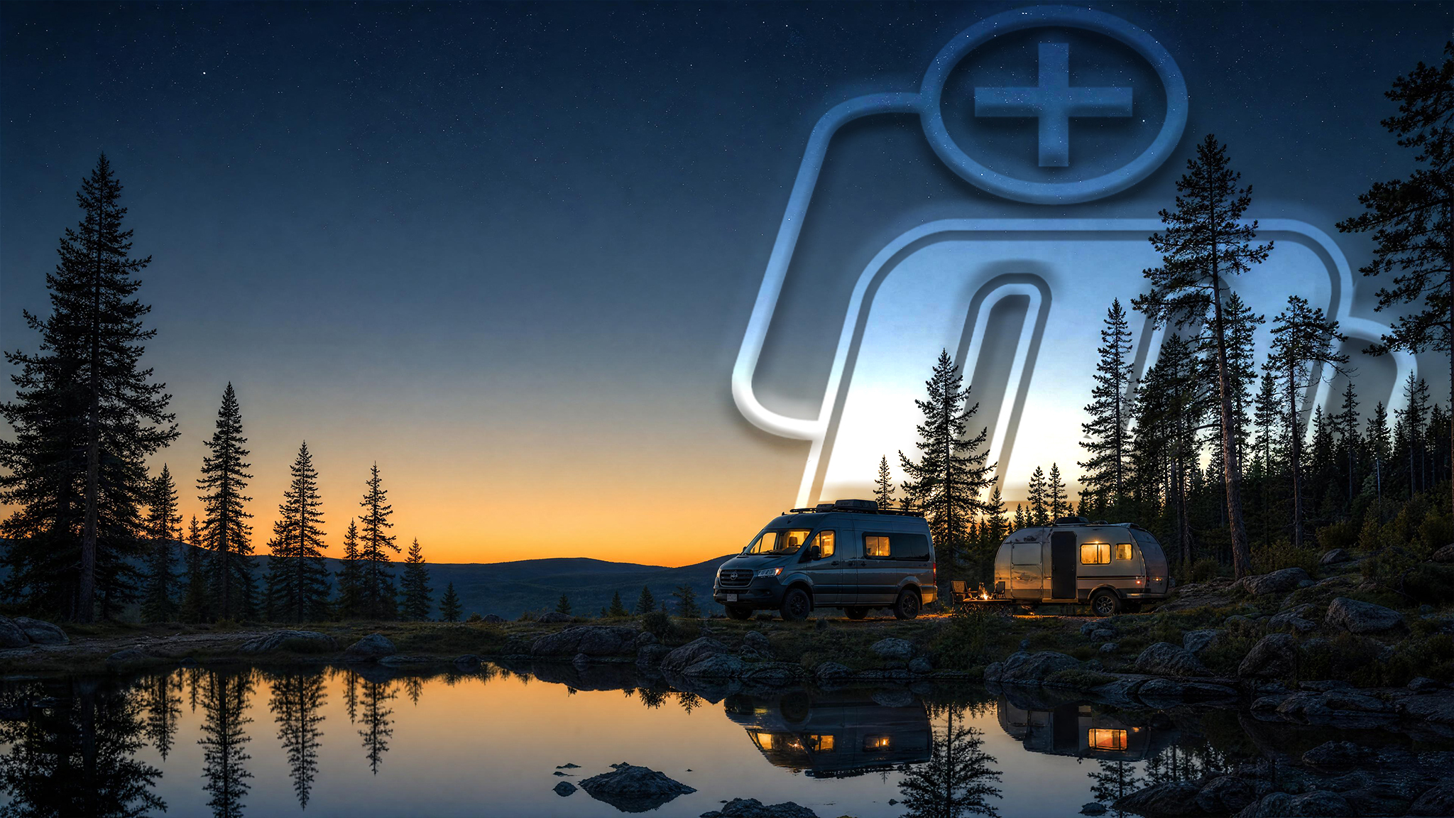 Quiet remote campsite at dusk with a van and trailer running off a silent 48-volt battery system instead of a generator