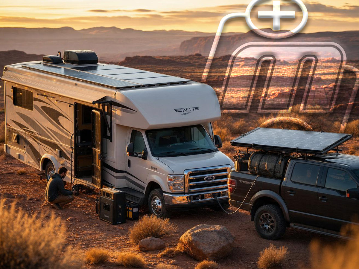 RV/van with rooftop solar parked off-grid