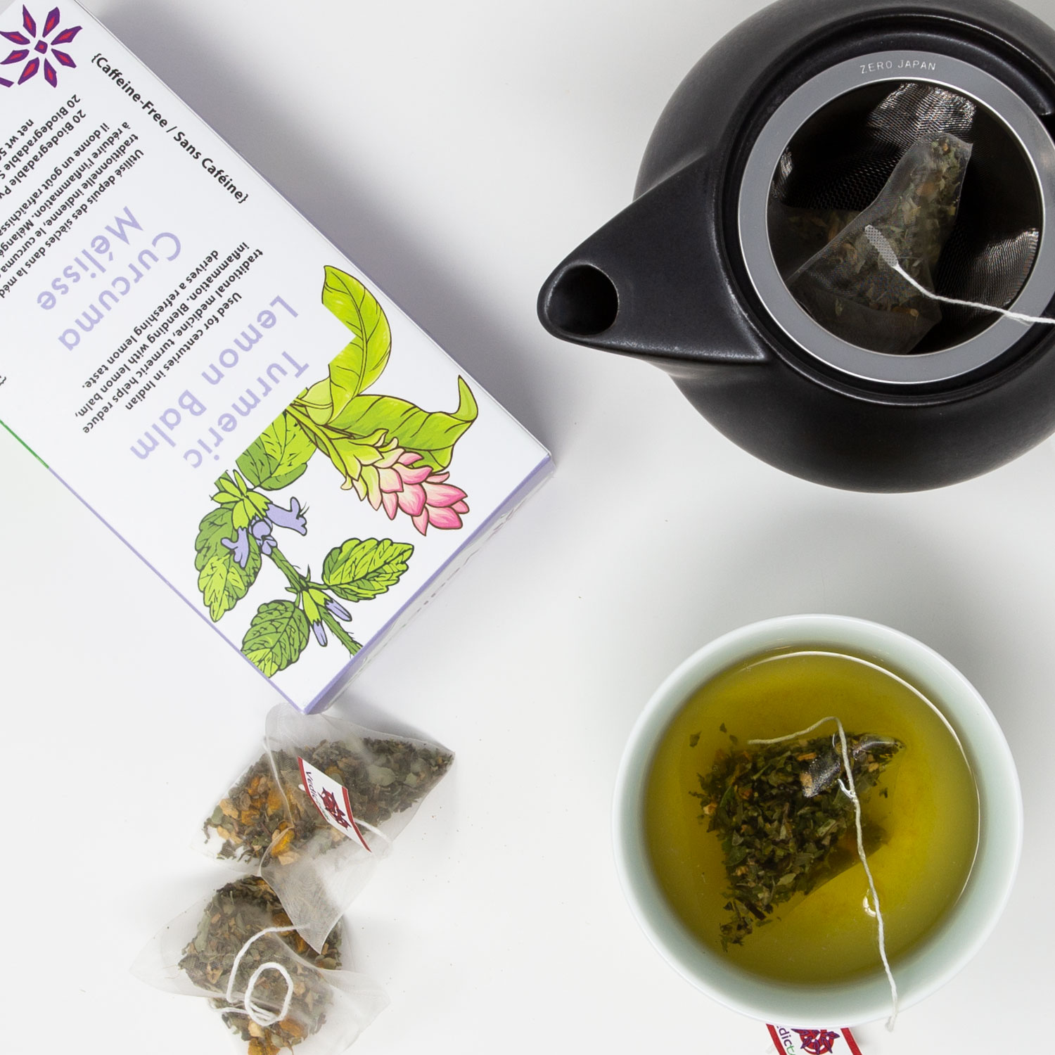 Turmeric Lemon Balm pyramid tea bags from Vedic Teas