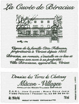 Wine Label for Mâcon-Villages La Cuvée de Béracius Domaine des Terres de Chatenay 2025
