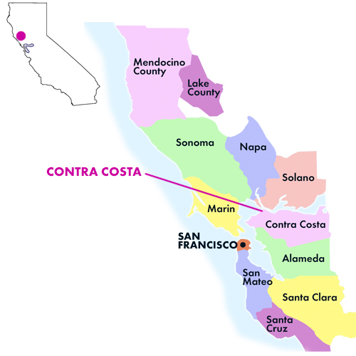Appellation Map for Contra Costa County Old Vines Mataro Three Wine Company 2018
