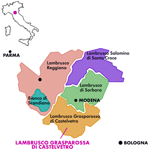 Appellation Map for Lambrusco Grasparossa di Castelvetro Rive de Ciliege Francesco Vezzelli 2024