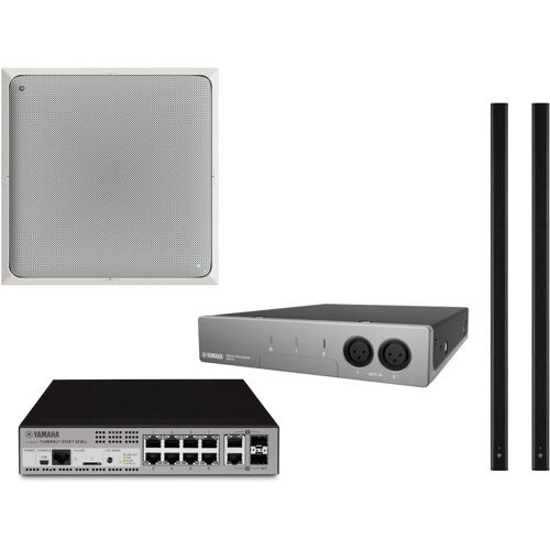 Yamaha-ADECIA Ceiling Bundle:   RM-CG-W Ceiling Microphone - White, RM-CR Audio Processor, SWR-2311P-10G Network Switch, and QTY 2 of VXL1W-16P Speakers