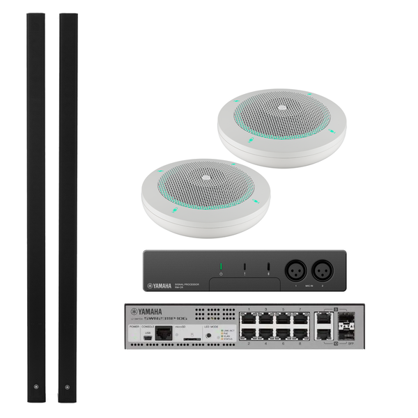 Yamaha-ADECIA Wired Mic. Bundle:  QTY 2 RM-TT-W Wired Microphones - White, RM-CR Audio Processor, SWR-2311P-10G Network Switch and QTY 2 of VXL1B-16p Speakers