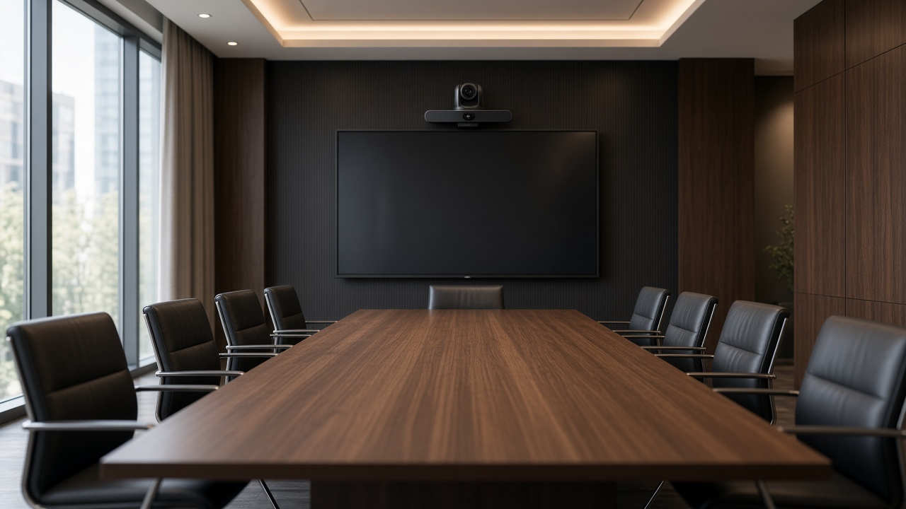 Conference room with a VDO360 PTZ camera mounted above the display