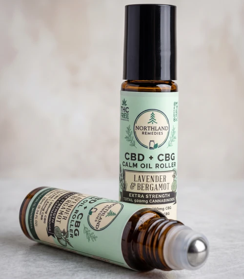 Northland Remedies extra strength THC-free CBD + CBG Calm Oil Roller in Lavender & Bergamot scent, made in Minneapolis.