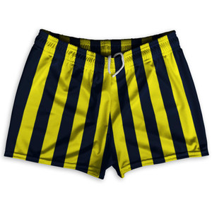 Navy Blue & Canary Yellow Vertical Stripe Shorty Short Gym Shorts 2.5" Inseam Made In USA by Ultras Navy Blue & Canary Yellow Vertical Stripe Shorty Short Gym Shorts 2.5" Inseam Made In USA by Ultras