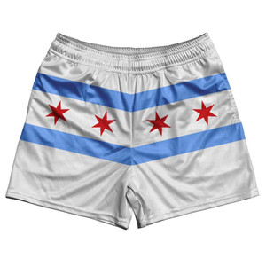 Chicago Flag White Rugby Gym Short 5 Inch Inseam With Pockets Made In USA - White Chicago Flag White Rugby Gym Short 5 Inch Inseam With Pockets Made In USA - White