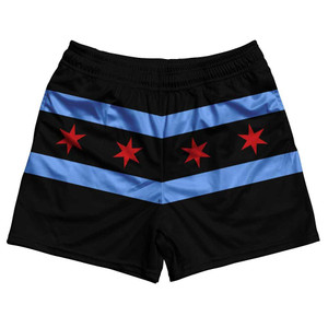 Chicago Flag Black Rugby Gym Short 5 Inch Inseam With Pockets Made In USA-Black Chicago Flag Black Rugby Gym Short 5 Inch Inseam With Pockets Made In USA-Black