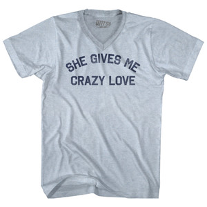 She Gives Me Crazy Love Adult Tri-Blend V-neck T-shirt - Athletic White