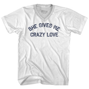 She Gives Me Crazy Love Adult Tri-Blend V-neck T-shirt - White