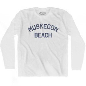 Michigan Muskegon Beach Adult Cotton Long Sleeve Vintage T-shirt - White Michigan Muskegon Beach Adult Cotton Long Sleeve Vintage T-shirt - White