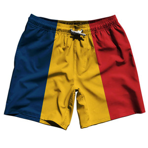 Chad Country Flag 7.5" Swim Shorts Made in USA - Blue Yellow Red Chad Country Flag 7.5" Swim Shorts Made in USA - Blue Yellow Red