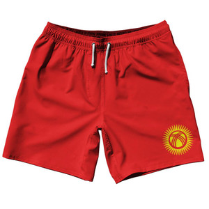 Kyrgyzstan Country Flag 7.5" Swim Shorts Made in USA-Red Yellow Kyrgyzstan Country Flag 7.5" Swim Shorts Made in USA-Red Yellow