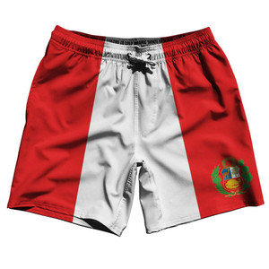 Peru Country Flag 7.5" Swim Shorts Made in USA - Red White Peru Country Flag 7.5" Swim Shorts Made in USA - Red White