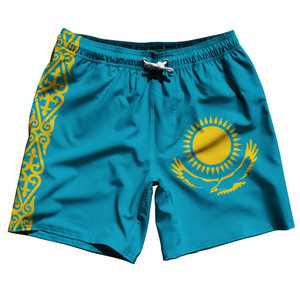 Kazakhstan Country Flag 7.5" Swim Shorts Made in USA - Blue Yellow Kazakhstan Country Flag 7.5" Swim Shorts Made in USA - Blue Yellow