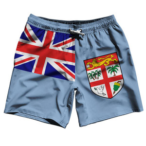 Fiji Country Flag 7.5" Swim Shorts Made in USA-Light Blue White Fiji Country Flag 7.5" Swim Shorts Made in USA-Light Blue White