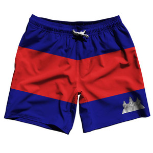 Cambodia Country Flag 7.5" Swim Shorts Made in USA - Red Blue Cambodia Country Flag 7.5" Swim Shorts Made in USA - Red Blue